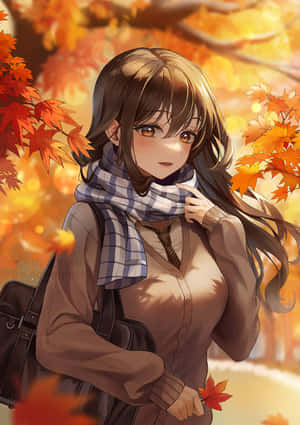秋葉中的動漫女孩，戴著圍巾和背包 — 可愛動漫女仔 壁紙