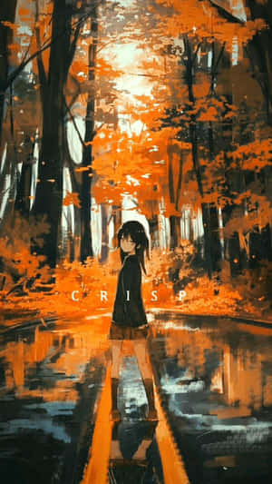 動漫女孩在秋日森林中，有橙色樹葉和潮濕反光的地面。 — 可愛動漫女仔 壁紙