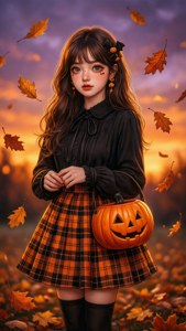 動漫女孩穿著萬聖節服裝，在日落時分拿著南瓜袋，周圍是飄落的秋葉。