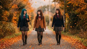 三名動漫風格的女學生穿著校服，在飄落的秋葉中行走。