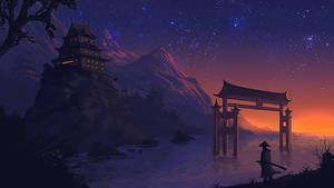 武士在鳥居下，星空背景，山城 — 秋天 壁紙