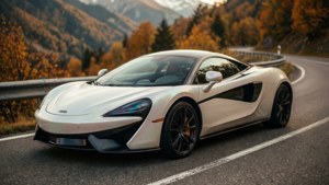 白色McLaren跑車在秋日落日時分行駛在蜿蜒的山路上。