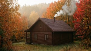 秋日森林中煙囪冒煙的舒適小屋