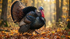 一隻雄性火雞走過森林，地上有金色樹葉和橡子。