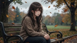 一位年輕女子獨自坐在公園長椅上，秋天的樹葉在她周圍飄動。