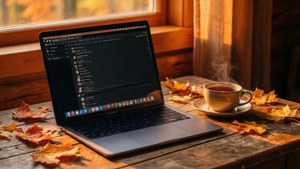 筆記型電腦和冒煙的茶在木桌上，旁邊有秋葉和窗戶。 — MacBook 壁紙