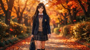 穿著校服的動漫女孩在日落時分穿過秋葉。