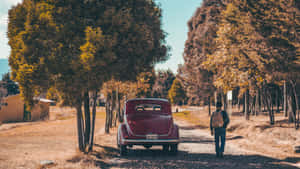人在秋日路上從復古車走開
