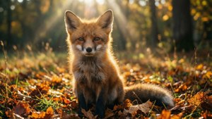 一隻紅狐坐在陽光明媚的森林中落下的秋葉之間。