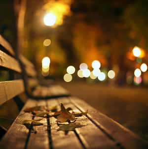 夜晚公園嘅木長凳，有掉落嘅樹葉同背景發光嘅街燈。