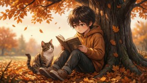 一個男孩在秋葉中的樹下與貓一起看書。