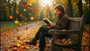 男子在公園長椅上閱讀書籍，周圍環繞著夕陽下飄落的秋葉。 — 閱讀 壁紙