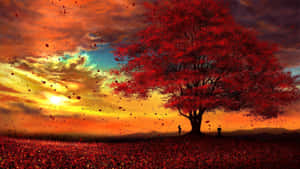 在夕陽映照下，落葉飄落，兩個人站在一棵紅樹下。