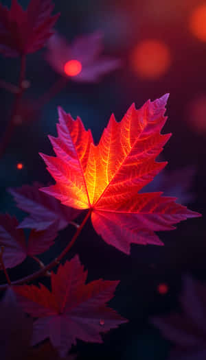 一片發光的紅色楓葉，帶有複雜的葉脈，背景為深紫色，帶有柔和的光球。 — 1440x2560 壁紙