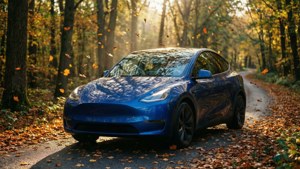 藍色Tesla Model Y停泊在鋪滿落葉的森林道路上，秋葉飄落。