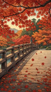 秋樹下覆蓋著紅色楓葉的木橋。