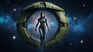 身穿裝甲的女戰士在太空環內，身後有星星。