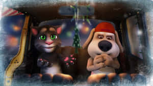 Talking Tom 和 Ben 在積雪的車內，外面可見聖誕燈飾。
