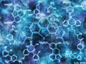 在藍色數字空間中漂浮的發光分子結構。 — 科學 壁紙