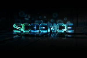 喺黑暗反光表面上，帶有浮動球體嘅發光藍色霓虹文字，寫住 science。