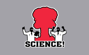 兩位卡通科學家身穿實驗室外套，在紅色原子爆炸和「SCIENCE!」字樣下舉起拳頭歡呼。 — 科學 壁紙