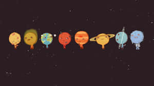 九個帶有面孔的可愛卡通行星在太空中排成一排。