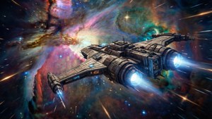 配備藍色引擎的未來太空船飛越色彩繽紛的宇宙星雲
