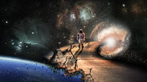 一名孤獨的太空人在地球上方破碎的外星世界行走，背景有發光的星雲。