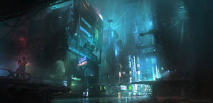 一對情侶站在橋上，俯瞰雨夜中霓虹閃爍的賽博龐克城市。
