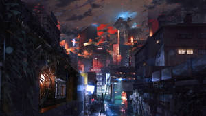 夜晚 cyberpunk 城市小巷，霓虹燈和雨