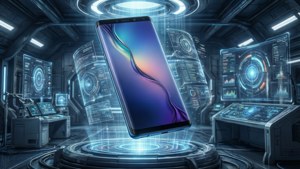 科幻風格壁紙，展示一臺懸浮於全息實驗室中的 Galaxy S10。