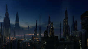 未來主義的城市天際線夜景，發光的摩天大樓和黑暗的天空。