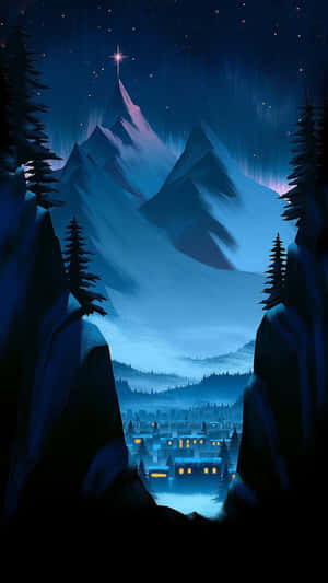 夜晚白雪覆蓋的山谷，下方是發光的村莊，上方是星空。