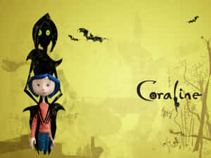 Coraline 站在她的異世界對應者面前，蝙蝠在黃色場景中飛翔。 — 珊瑚 壁紙