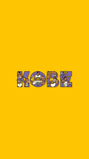 插圖文字藝術，在黃色背景上每個字母內包含籃球場景，拼出KOBE。