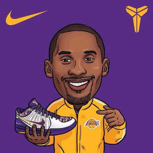 高比·拜仁身穿湖人隊外套，手持帶有Nike和Kobe標誌的湖人隊運動鞋，背景為紫色。