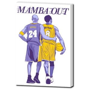 兩個穿著湖人隊球衣的籃球運動員背對背站立，上方有'MAMBA OUT'。
