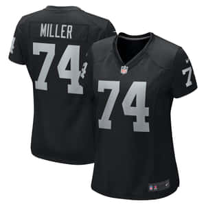 黑色NFL美式足球球衣，帶有銀色74號碼和名字Miller。