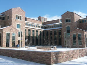 晴朗冬日裡被雪覆蓋的磚造大學建築。