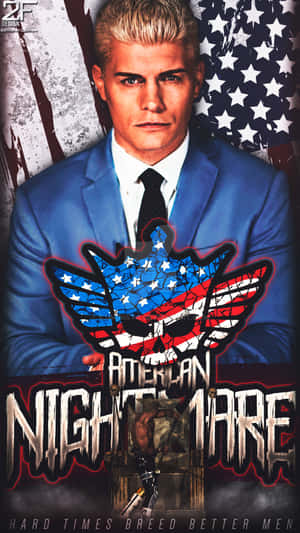 穿藍色西裝的摔角手，美國國旗骷髏標誌和「American Nightmare」文字。