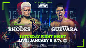 摔角手 Cody Rhodes 和 Sammy Guevara 在霓虹燈照亮的冠軍賽海報中。