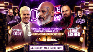 霓虹燈下的摔角錦標賽活動海報， featuring Mike Tyson 和 Lance Archer。