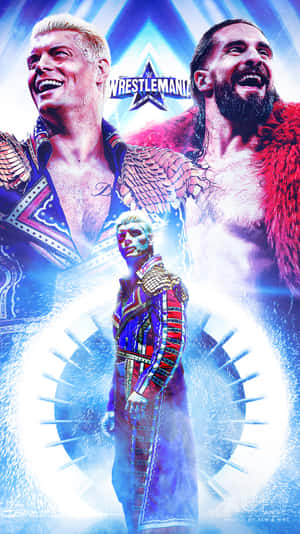 三名WWE摔角手穿著色彩繽紛的服裝，在閃爍的燈光下於WrestleMania慶祝。 — 摔角 GIF 壁紙