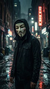 在雨天的城市小巷中戴著蓋伊·福克斯面具的人，霓虹燈牌在濕漉漉的人行道上反射