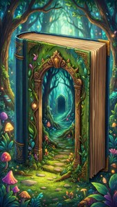 一本打開的大書，書頁中出現一條森林小徑，周圍環繞著發光的蘑菇。