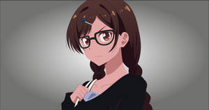 戴眼鏡和辮子的動畫女孩將筆靠近衣領。