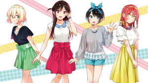 四個動畫女孩穿著色彩繽紛的服裝，在圖案背景前手牽手。
