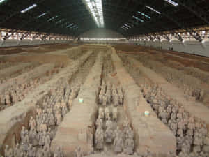考古發掘現場保護屋頂下的兵馬俑行列。 — 中國 壁紙