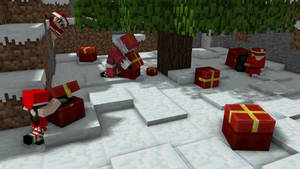 聖誕老人角色在雪地Minecraft森林中打開禮物盒。
