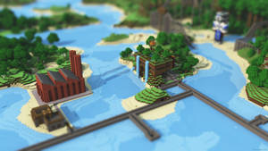像素化Minecraft景觀，包含島嶼、河流和方塊狀結構。